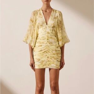 Shona Joy Leticia Plunged Ruched Mini Dress in Cream Multi US6